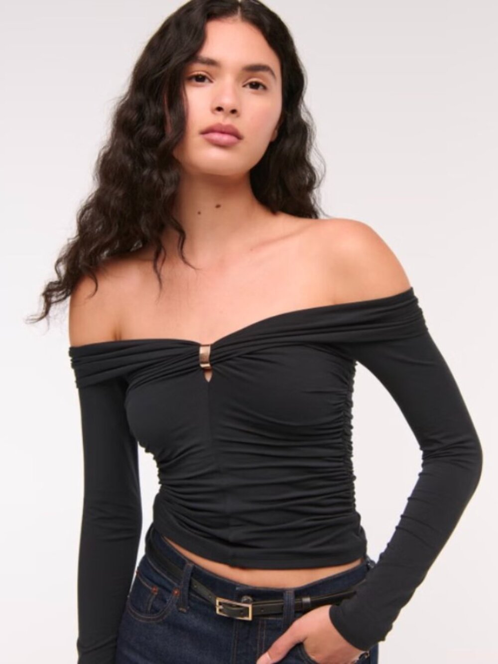 Abercrombie & Fitch Black Ruched Twist-Front Long Sleeve Top L